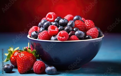 Bowl of mixed berries, such as strawberries, blueberries, and raspberries, placed on a dark background