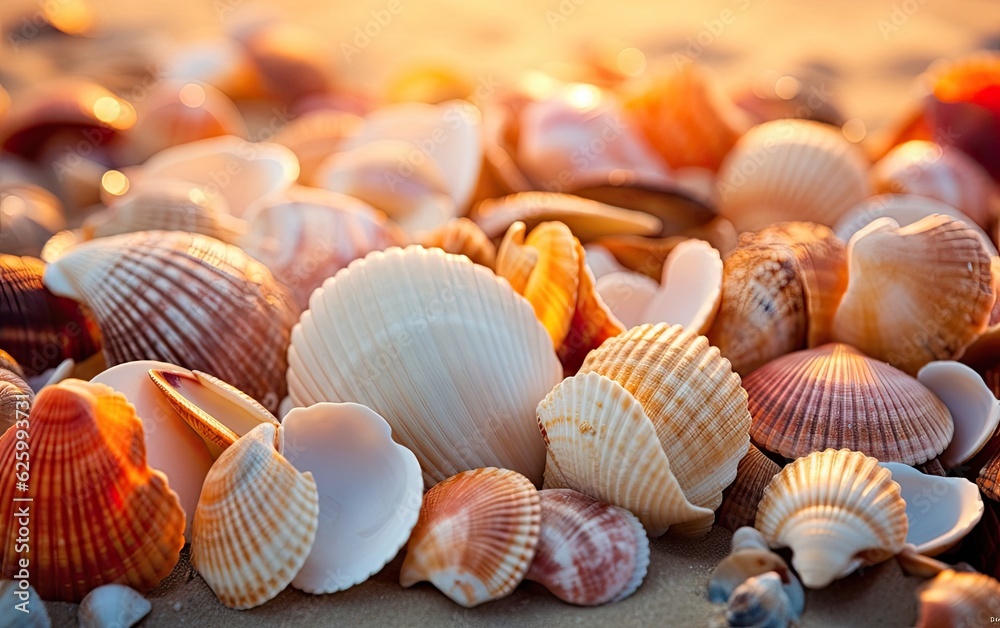 Mixes seashells scattered on the shoreline