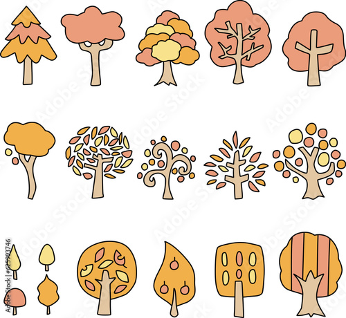 紅葉したシンプルないろいろな形の木のイラストセット