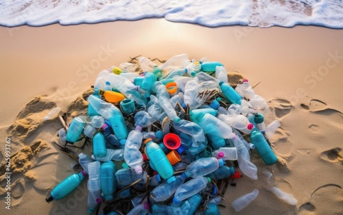 Discarded plastic bottles and other litter collected from a beach, surrounded by sand and ocean waves, advocating for the importance of beach cleanup and waste reduction