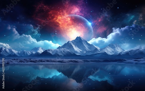 Photograph combining a breathtaking landscape with the majestic sight of a nebula overhead, showcasing the stunning contrast between the natural beauty of Earth and inspiring wonders of the cosmos