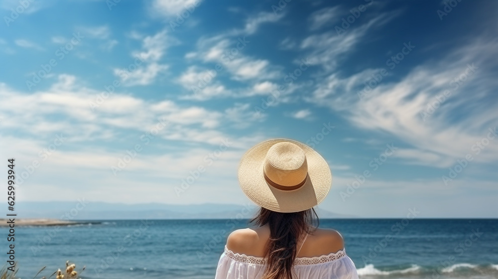 a woman in a hat looks at the ocean on a sunny day. Generative Ai. 