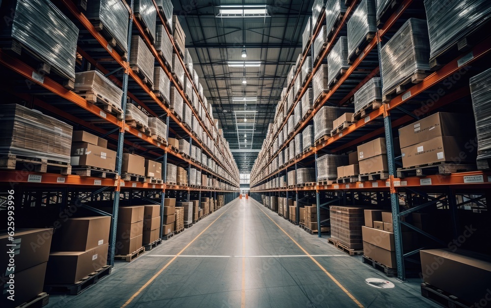 Large distribution warehouse with shelves with boxes