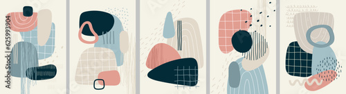 Abstract design poster set, trendy graphic cards with geometric elements, hand drawn collection.