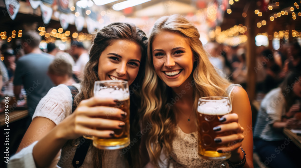 Female friends cheering with beer at Oktoberfest  - obrazy, fototapety, plakaty 