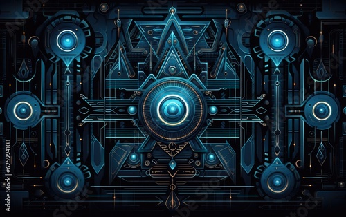 A digital illustration of intricate futuristic patterns and symbols, arranged in a symmetrical composition, showcasing a futuristic and otherworldly vibe