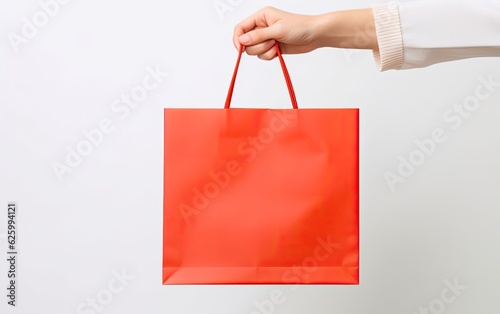 Hand holding red shopping bag on a white background 