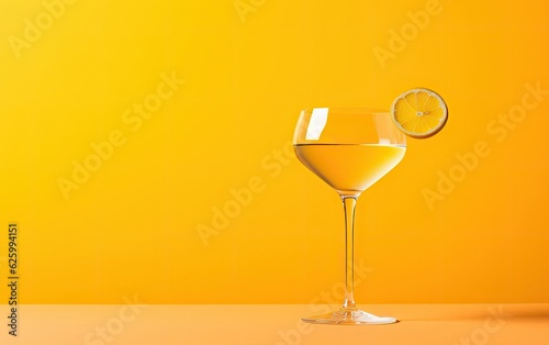 Single cocktail glass with a drink, placed on a bright yellow background