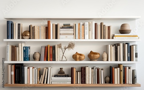 A minimalist photograph of a bookshelf displaying a curated selection of books, with clean lines and a contemporary aesthetic photo