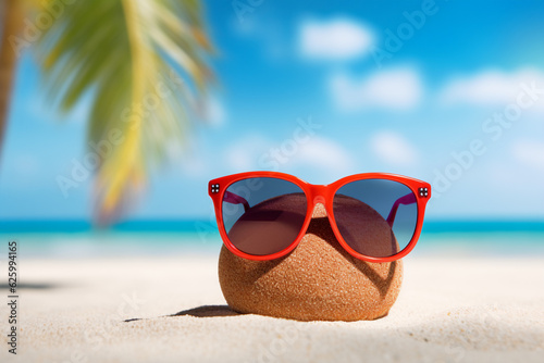 On vacation is smiling with sunglasses on a beach ; a vacation background or banner