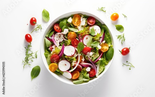 Vegetable salad in a bowl with tomatoes, cucumbers and radish on a white background 