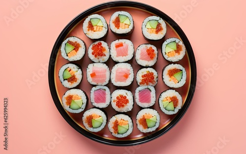 Sushi rolls in a plate on a peachy color background 