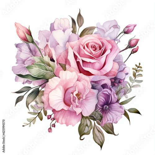 Flowers to decorate a wedding card, Roses and Eustoma, light pink watercolor style, individual arrangements, AI generated © Stefan Freytag