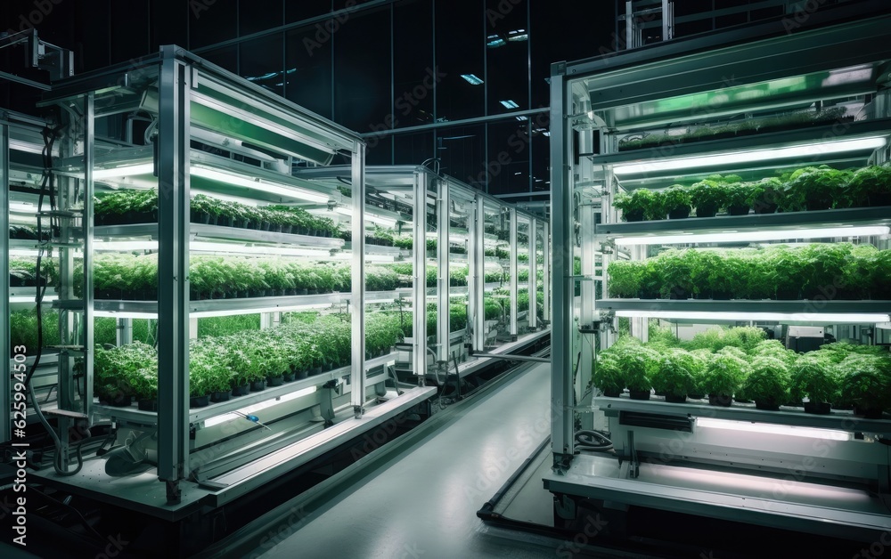 High-tech greenhouse, vertical farm, featuring automated systems, hydroponic or aeroponic setups, and LED lighting, showcasing the efficient and controlled environment of modern agricultural practices High-tech greenhouse, vertical farm, featuring automated systems, hydroponic or aeroponic setups, and LED lighting, showcasing the efficient and controlled environment of modern agricultural practices