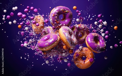 Donut crumbs and colorful sprinkles scattered on a contrasting bright purple background