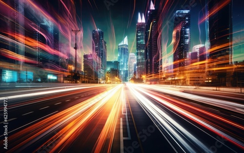 An abstract photograph of light trails captured in a busy cityscape at night, with vibrant streaks of colors against a dark backdrop, evoking a futuristic and energetic atmosphere
