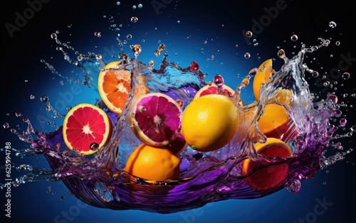Fruit slices falling into the water in a dark background