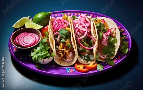 Wallpaper Mural A plate of Mexican tacos, filled with ingredients like grilled vegetables, salsa, and vibrant pickled onions, placed on a vivid blue background Torontodigital.ca