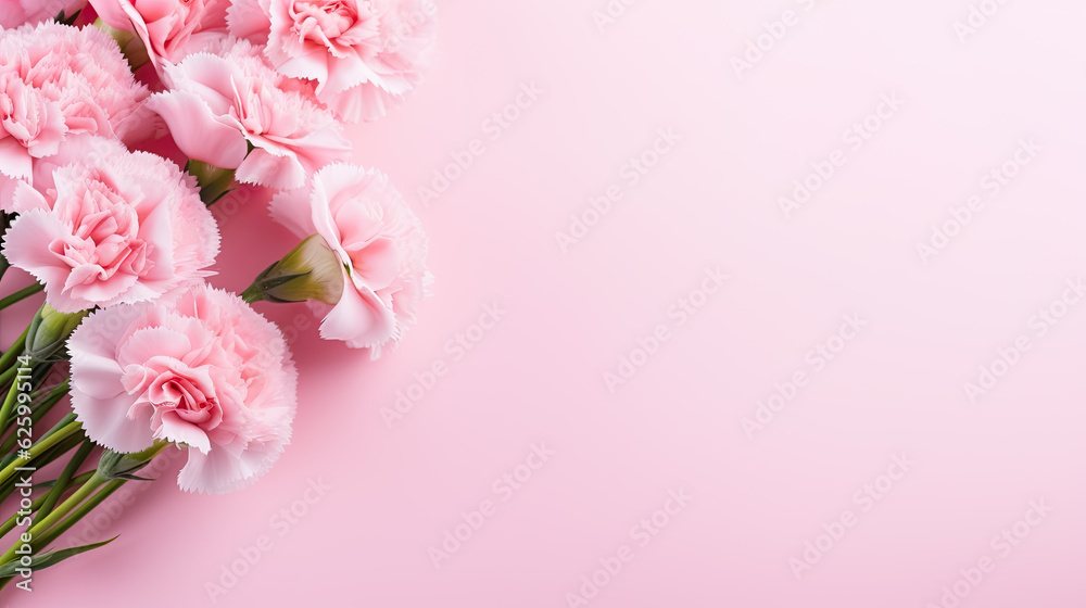 Carnation bouquet on pastel pink background with copy space 