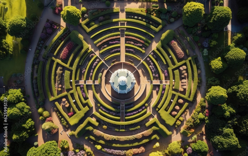 An overhead shot of a carefully designed flower maze or labyrinth in a modern city park, featuring neatly arranged pathways lined with blooming flowers
