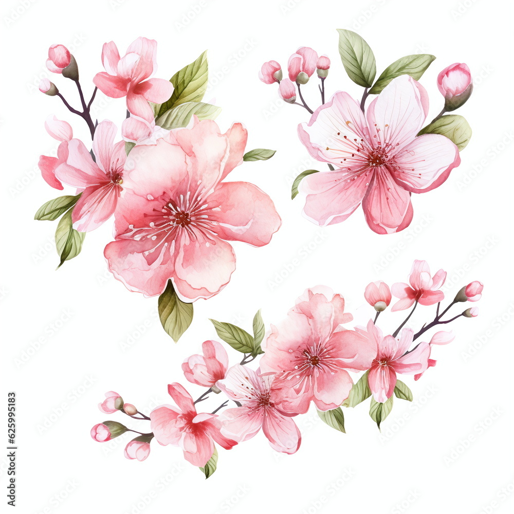Flowers to decorate a wedding card, sakura and peach, light pink watercolor style, individual arrangements, AI generated Flowers to decorate a wedding card, sakura and peach, light pink watercolor style, individual arrangements, AI generated