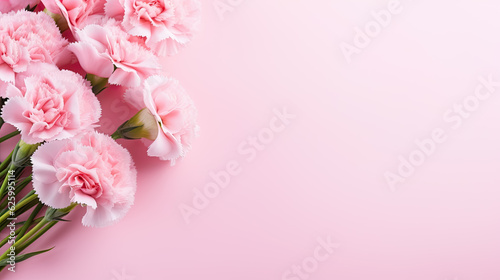 Carnation bouquet on pastel pink background with copy space 