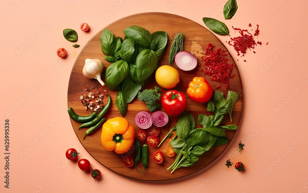 An overhead shot of a wooden cutting board with a variety of colorful vegetables and herbs, such as cherry tomatoes, bell peppers, and basil leaves, isolated on a pink background An overhead shot of a wooden cutting board with a variety of colorful vegetables and herbs, such as cherry tomatoes, bell peppers, and basil leaves, isolated on a pink background