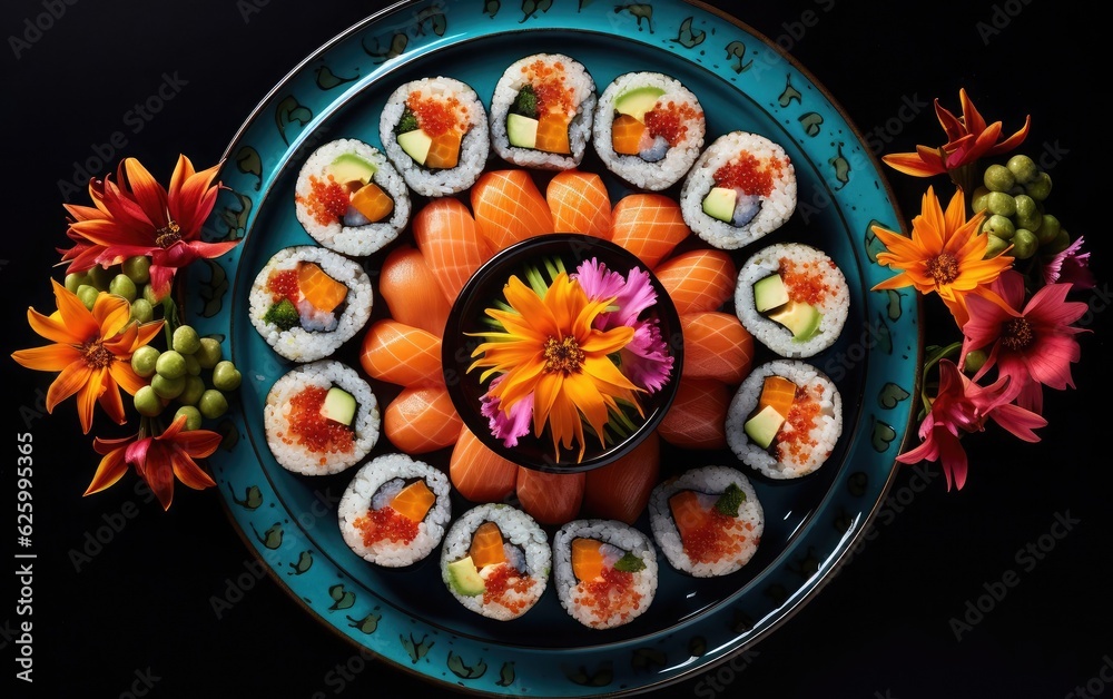 An overhead shot of a plate with a beautifully presented assortment of colorful sushi rolls, showcasing the vibrant hues of the fish and vegetables against a simple backdrop