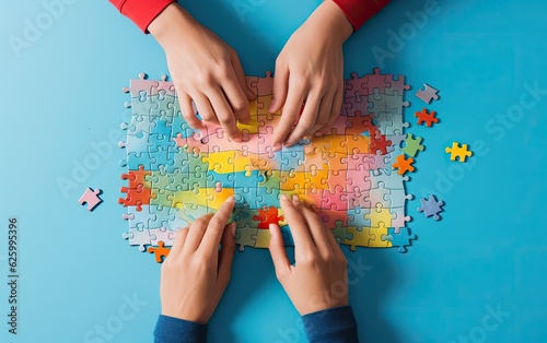 An overhead shot of people's hands assembling a vibrant puzzle on a bright blue background