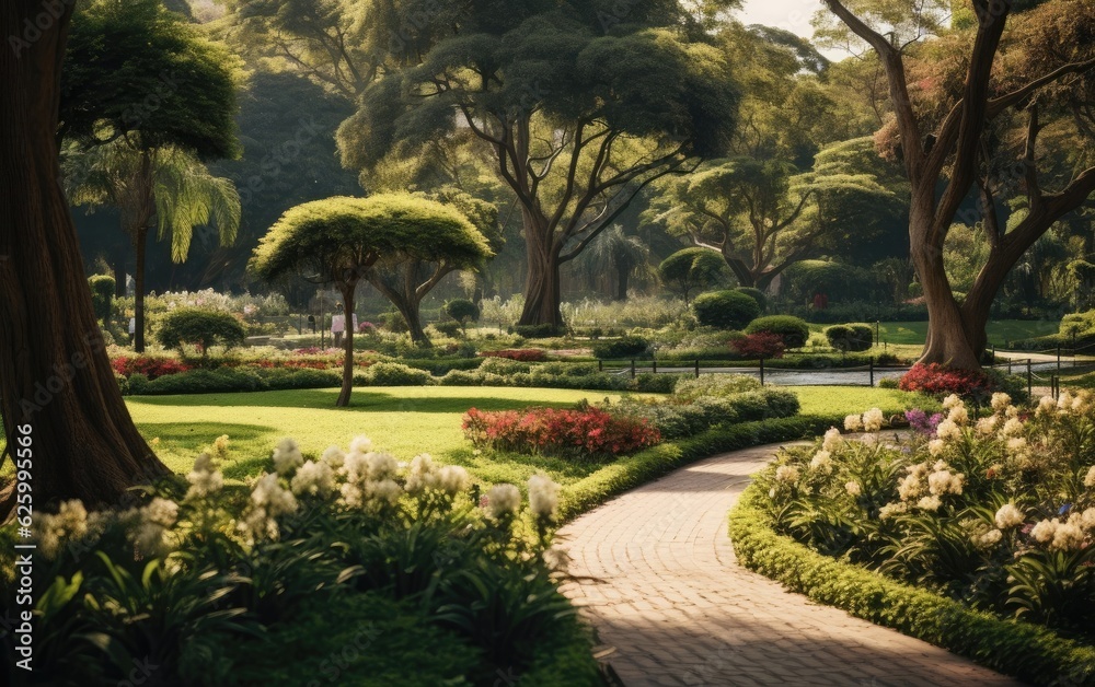 Lush green city park filled with various types of trees, plants, and flowers, showcasing the diversity of plant life in an urban setting