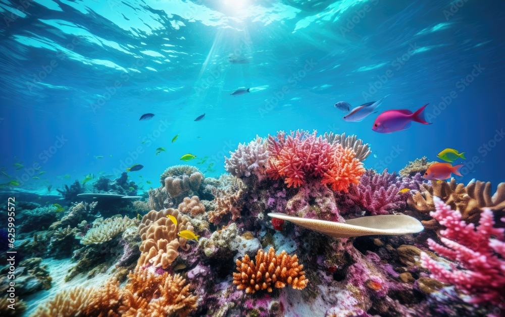 Obraz premium Coral reefs thrive in clear waters, advocating for reducing plastic pollution to protect marine ecosystems