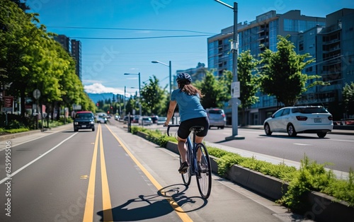 Green Commuting: A cyclist riding an electric bike on a dedicated bike lane, showcasing eco-friendly transportation options for reducing carbon emissions in the city