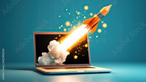Laptop and rocket flying from the screen; blue background with space for text 
