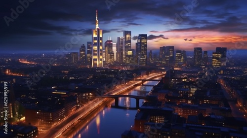 Evening skyline of Frankfurt, Germany, Generative AI.