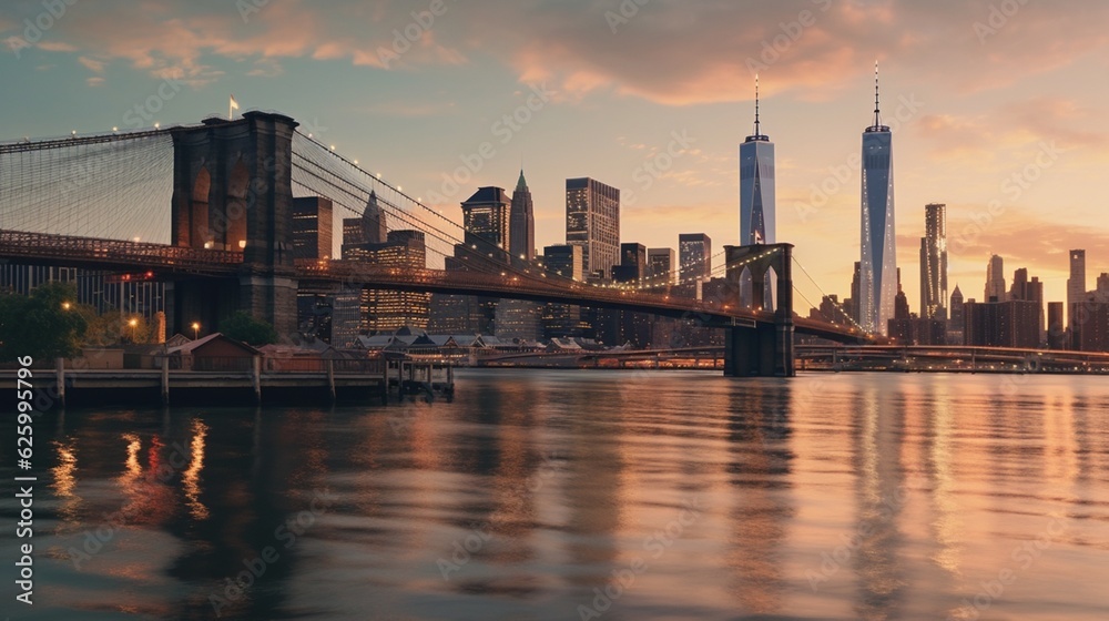 New York skyline, accentuated by the Brooklyn Bridge, Generative AI.