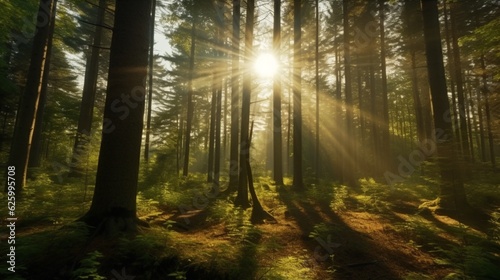 Sunlit forest with rays of sunlight filtering through the trees  Generative AI.