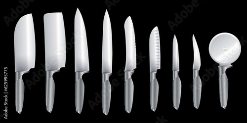 Kitchen knives hanging set isolated. meat chef cutting hatchet, cooking cutlery types. Sharp blade cooking tool for kitchen, folding combat knife, kitchenware for cutting of stainless steel