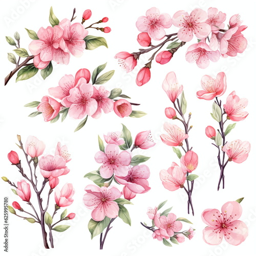 Flowers to decorate a wedding card, sakura and peach, light pink watercolor style, individual arrangements, AI generated