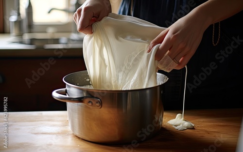 A person gently straining the blended potato mixture through a cheesecloth or nut milk bag, filtering out any remaining solids and extracting the rich milk photo