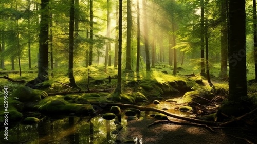 Green forest panorama illuminated by golden sunlight, Generative AI.