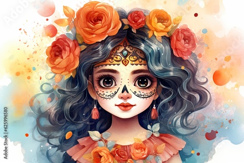 Dia de los Muertos  cute Calavera Catrina with sugar skull makeup  watercolor illustration