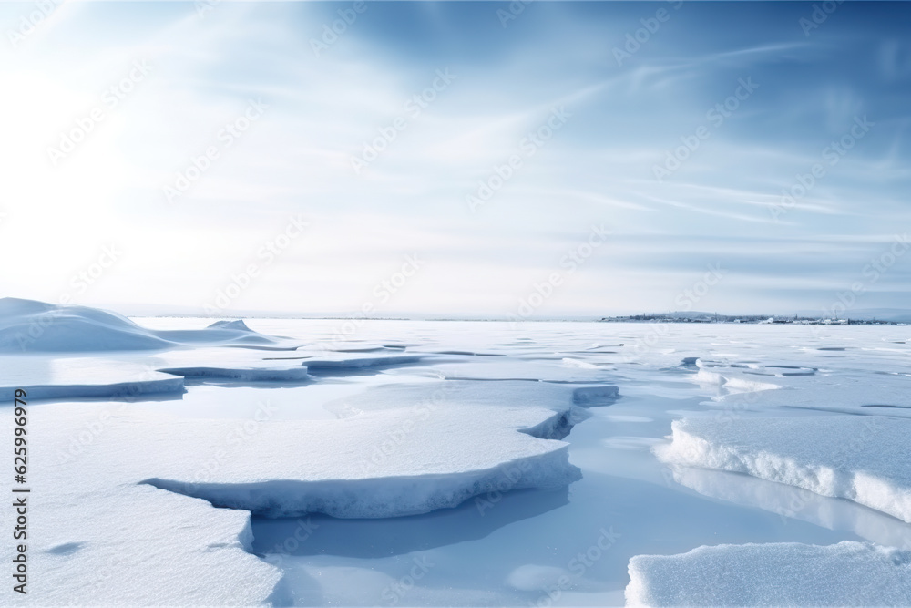 Frozen landscape full of snow. Abstract frozen landscape of Antarctica. Winter landscape traveling along the ground to the horizon. Realistic 3D illustration. Generative AI Frozen landscape full of snow. Abstract frozen landscape of Antarctica. Winter landscape traveling along the ground to the horizon. Realistic 3D illustration. Generative AI