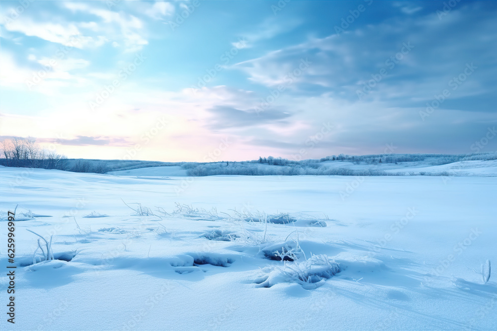 Frozen landscape full of snow. Abstract frozen landscape of Antarctica. Winter landscape traveling along the ground to the horizon. Realistic 3D illustration. Generative AI