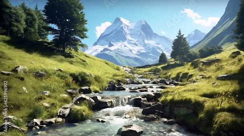 Hiking vacation in the Swiss Alps near Grindelwald, Generative AI.