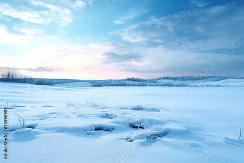 Frozen landscape full of snow. Abstract frozen landscape of Antarctica. Winter landscape traveling along the ground to the horizon. Realistic 3D illustration. Generative AI photo
