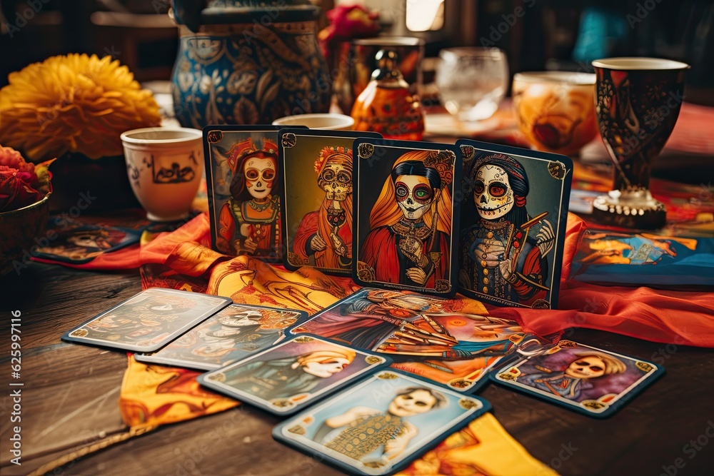 Tarot cards with Dia de los Muertos personages, spread out on a table, colorful design Tarot cards with Dia de los Muertos personages, spread out on a table, colorful design
