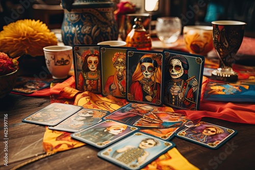 Tarot cards with Dia de los Muertos personages  spread out on a table  colorful design