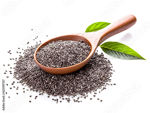 Black chia seeds in wooden spoon isolated on white background cutout.