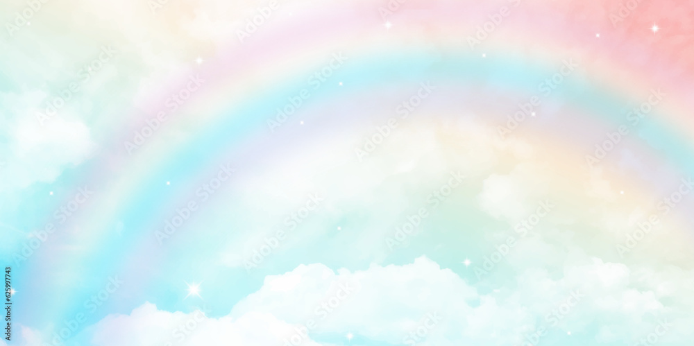 A soft cloud background with a pastel colored orange to blue gradient. Amazing sky with rainbow and fluffy clouds, toned in unicorn colors