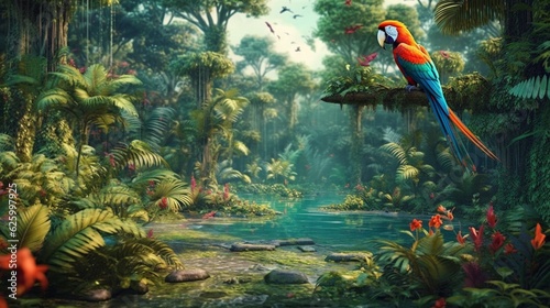 Illustration showcasing a vibrant rainforest, Generative AI.